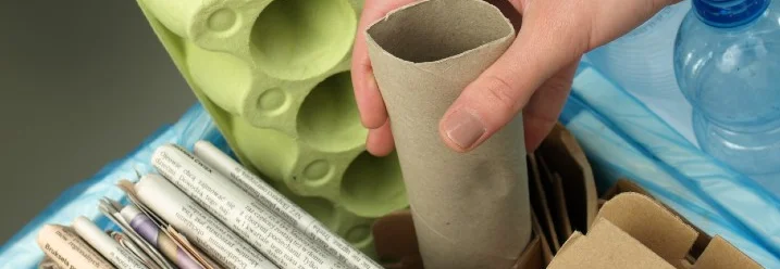 Eine Hand legt eine Papprolle in einen Behälter mit Recyclingmaterial wie Zeitungen, Eierkartons und Plastikflaschen.